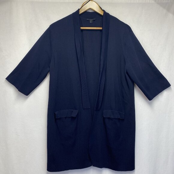 COS Open Cardigan Pleated Back Heavyweight Pockets Women Medium Navy 3/4 Sleeve - Picture 1 of 13